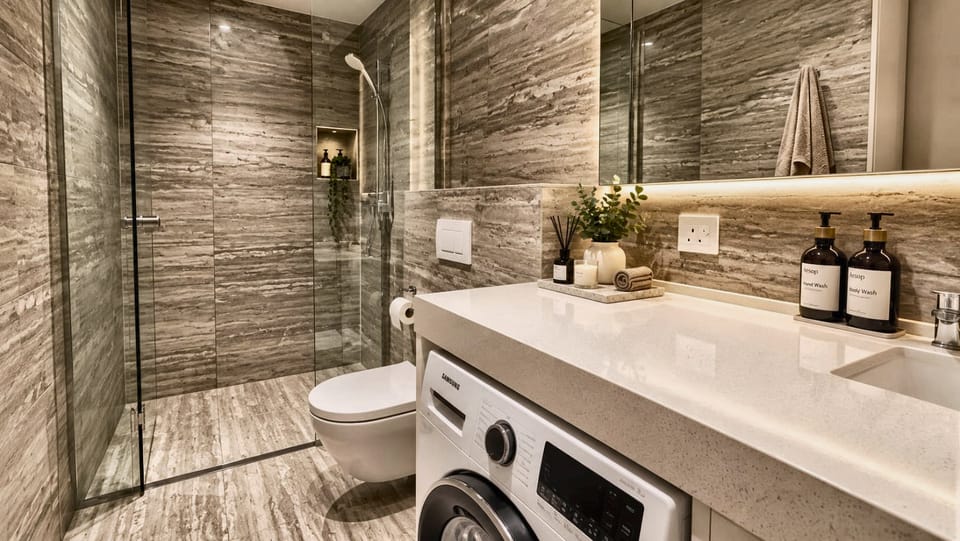 Bathroom with stone finish and walk-in shower